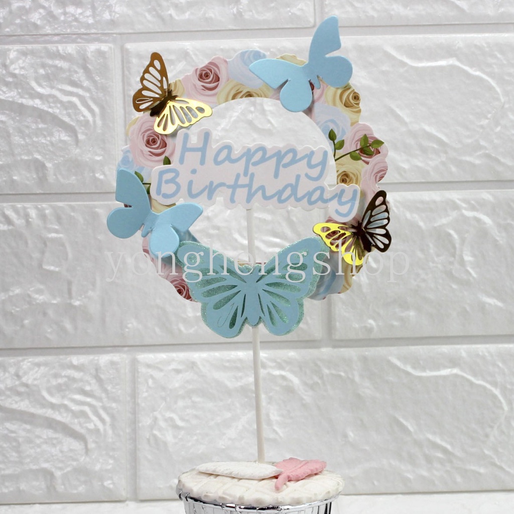 Topper Kue Desain Butterfly Happy Birthday 3D Untuk Dekorasi Pesta Pernikahan