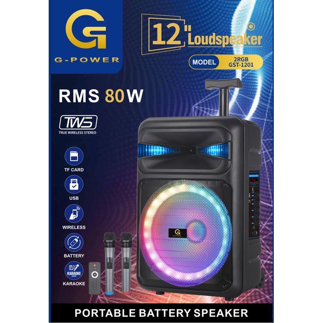 G-POWER -SPEAKER Bluetooth Portable Battery GST 1201 2RGB LED  super bass free 2 mic Original bergaransi