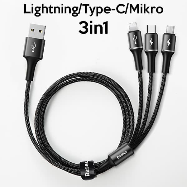 ORIGINAL Baseus Cable Halo 3in1 Micro USB + Type C + Iphone 1.2M 3.5A