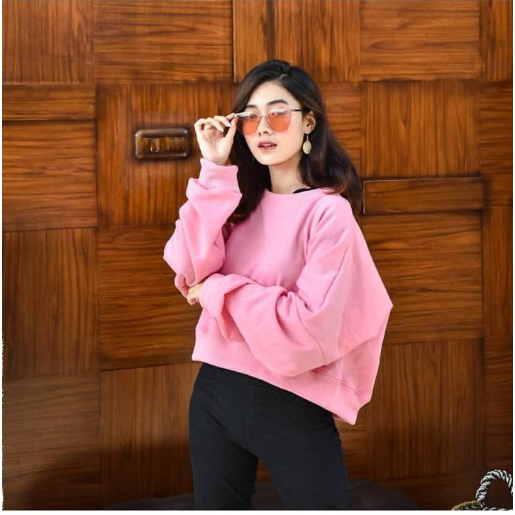 OVERSIZE CROP SWEATER - SWEATER WANITA TERBARU - BAHAN FLECE TEBAL DAN LEMBUT-pink