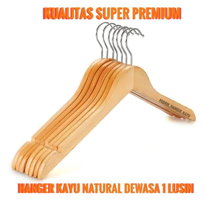 HANGER KAYU NATURAL DEWASA PREMIUM 1 LUSIN (12PCS)