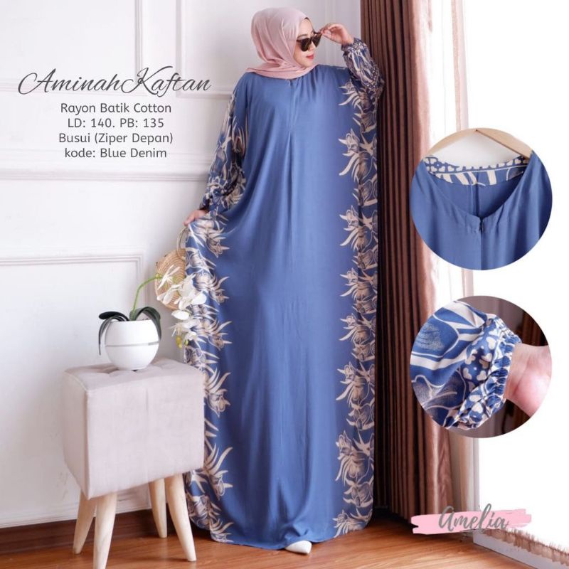 Kaftan Aminah - Kaftan Wanita Jumbo Katun Rayon Batik Premium Busui Daster Gamis Batik Bigsize Fashion Muslim Kekinian LD 140 cm