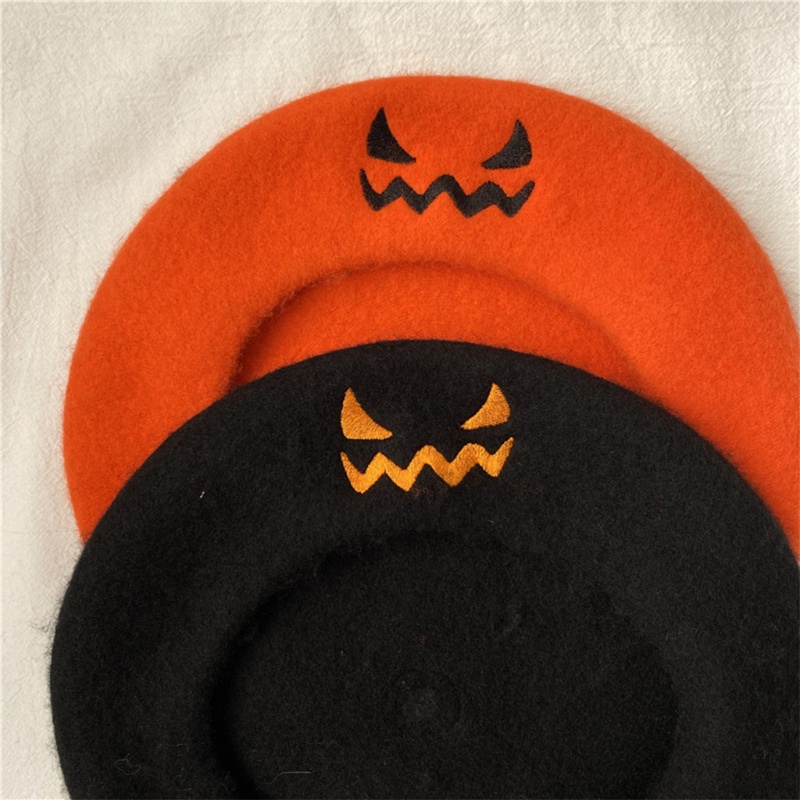 Topi Baret Desain Labu Halloween Tersenyum Gaya Retro Untuk Pesta