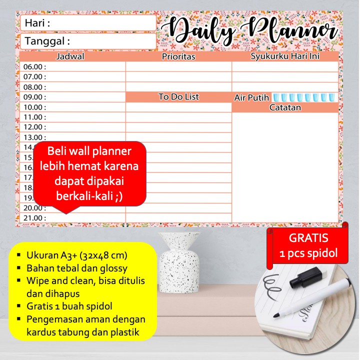 

Daily Planner A3+ Bonus Spidol Wipe and Clean - Wall Planner Board Schedule Board