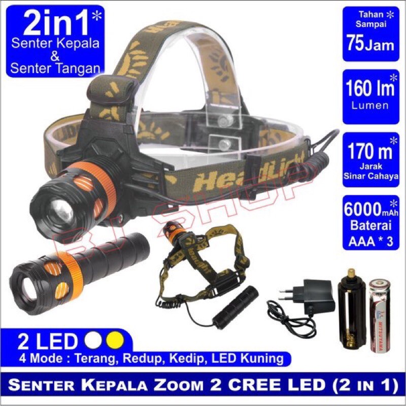 Senter kepala zoom 2 in 1 cree LED Mitsuyama