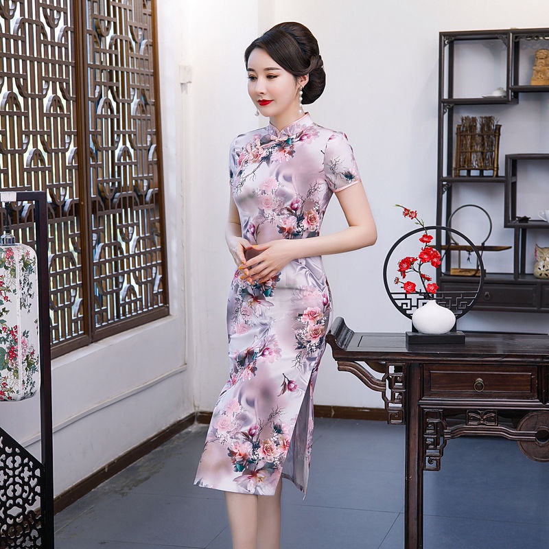 Cheongsam women's summer retro aging new dress improved slim and belly covering Chinese style middle