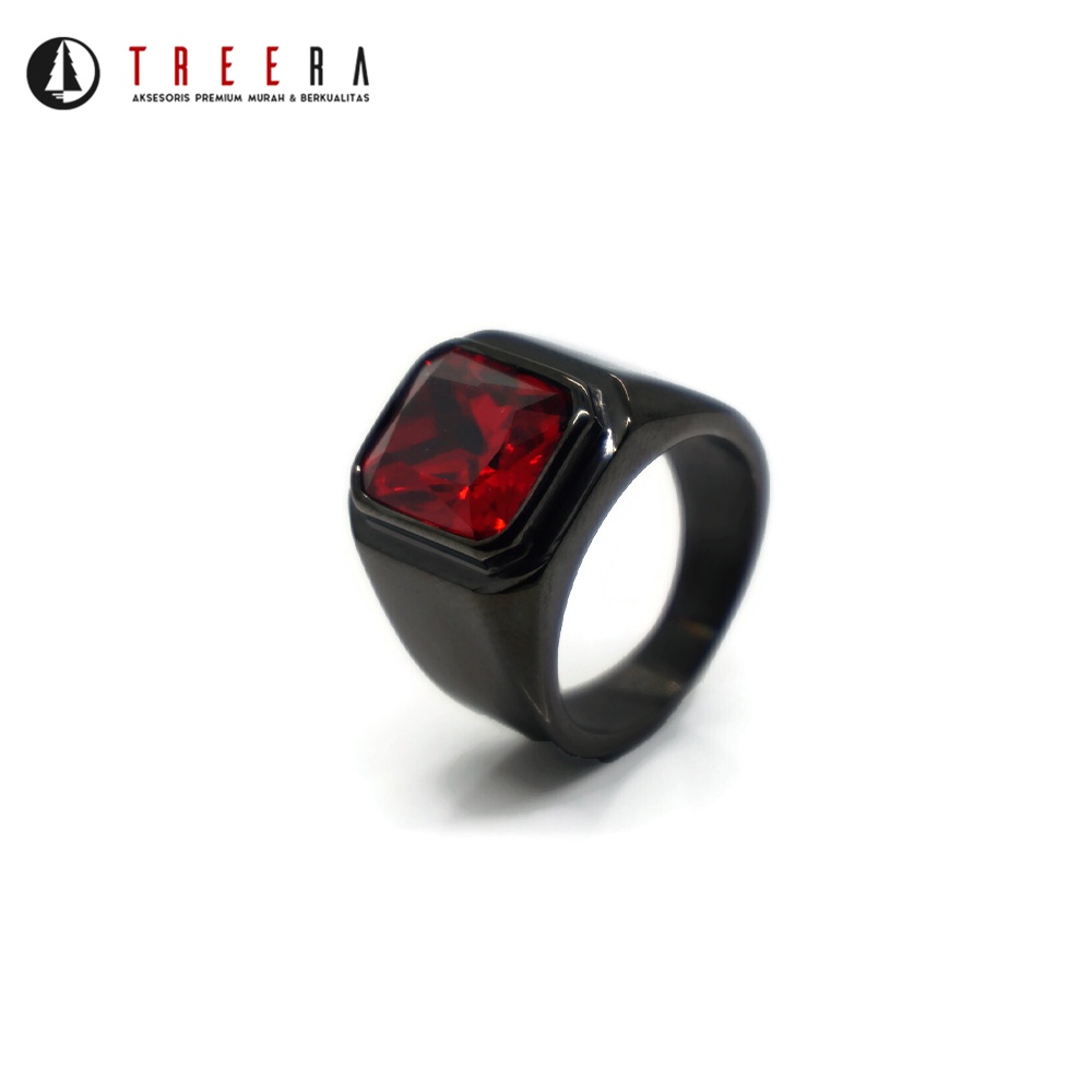 Treera - Cincin Pria Titanium Hitam Batu Merah Premium Original