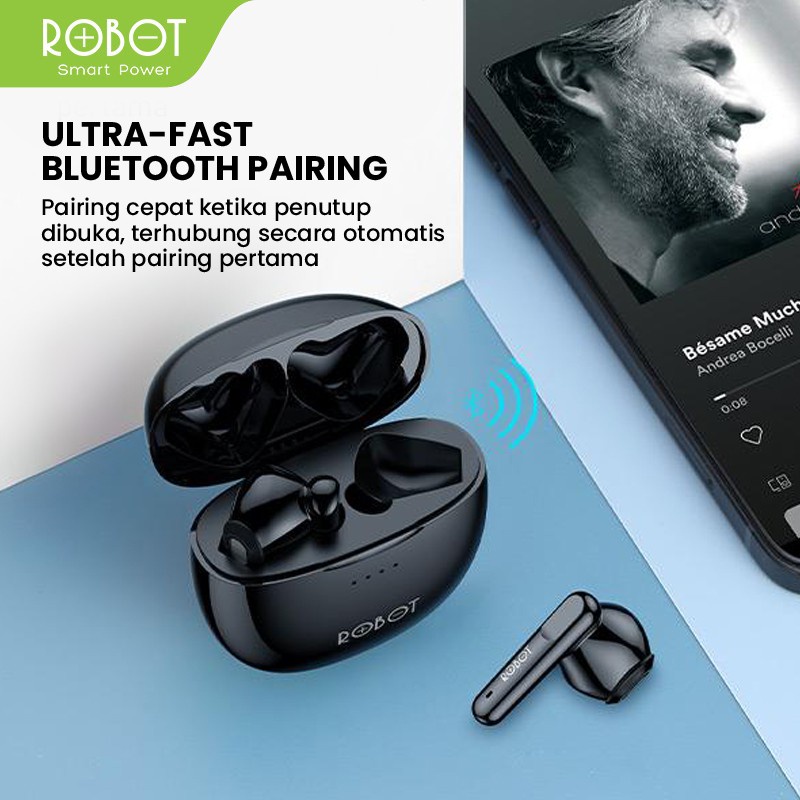 Robot Earphone Airbuds T10 Waterproof IPX4 Semi-In-Ear TWS True Wireless Stereo - Garansi 1 Tahun