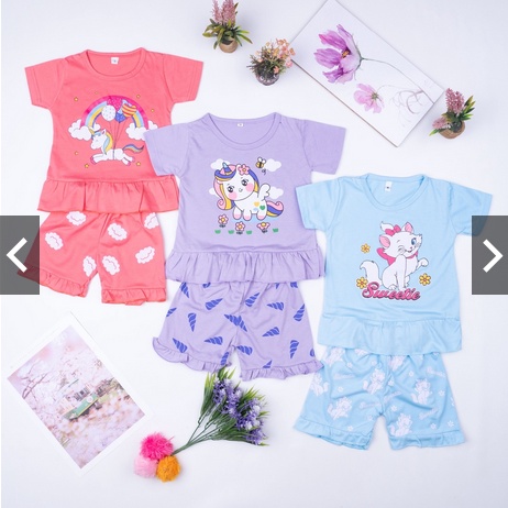 Setelan Ruffle Set Karakter / Setelan Anak Perempuan Gambar Karakter Kartun