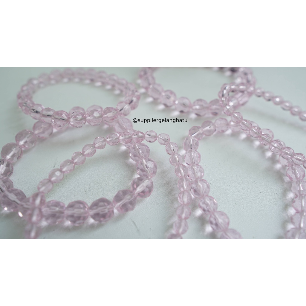 gelang kristal bola dunia pink quartz kuarsa bening bonus kotak kado murah