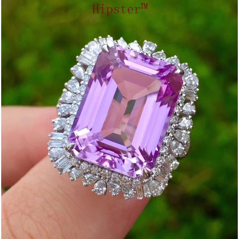 Natural Pink Amethyst Ring 18K White Gold Diamond Fashion Luxury Jewelry Pendant Necklace