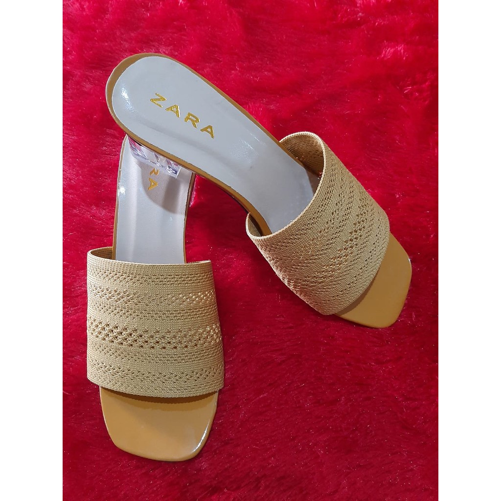 sepatu hils zara razut hak kaca ( realpict) sepatu heels rajut cewek nyaman digunakan