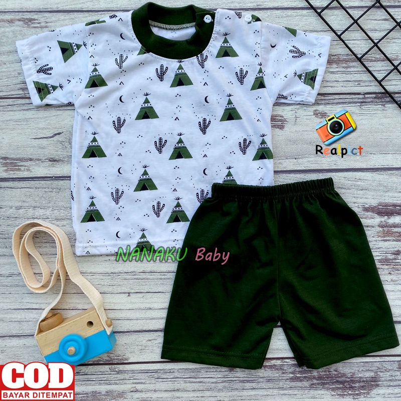 Setelan Baju Bayi Setelan Piyama Bayi Lengan Pendek Kancing Bahu Motif Piramid Usia 3-12 Bulan Ana BAby