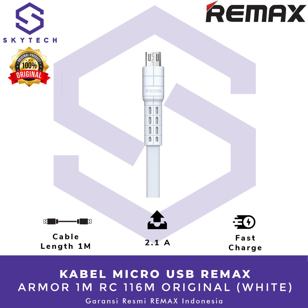 KABEL MICRO USB REMAX ARMOR 1M WHITE RC 116M ORIGINAL GARANSI RESMI