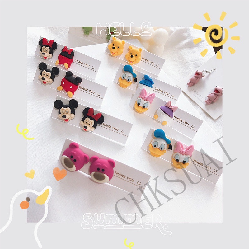 Anting Stud Desain Kartun Mickey Donald Duck Strawberry Bear Asimetris Bahan 925 Silver