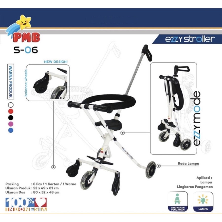 Stroller Anak PMB TOYS S06 Ezzy Kereta Dorong Bayi dan Balita Roda Lima Mode Portable SNI-White