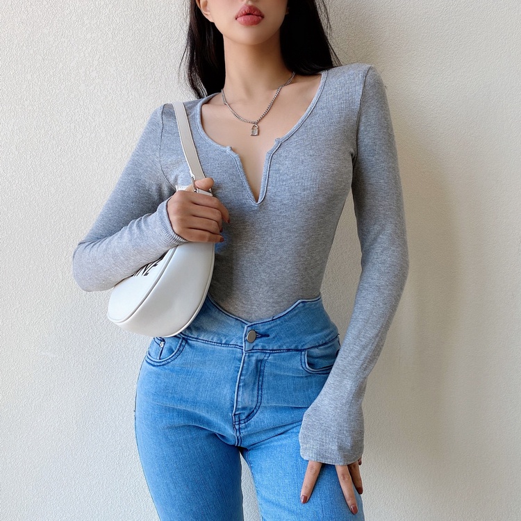 【LIVIAHOME】Summer Deep V-neck Sexy Long Sleeve Knitt T-shirt 7031