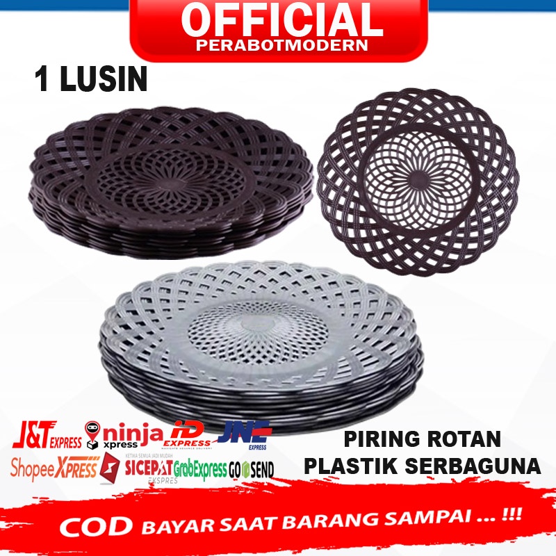 Piring Rotan Plastik Isi 1 LUSIN / Piring Plastik Motif Rotan Serbaguna 12PCS