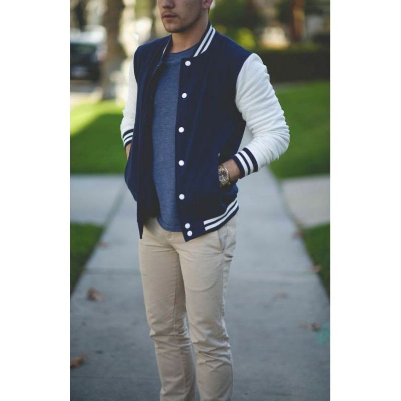 Varsity Jaket Baseball Navy lengan putih