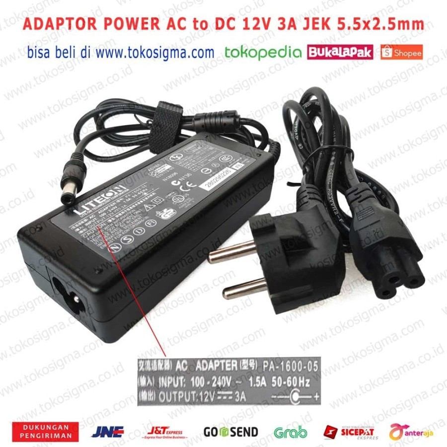 ADAPTER AC ADAPTOR to DC 12V 3A PLUG 5.5 x 2.5 mm 36W POWER SUPPLY