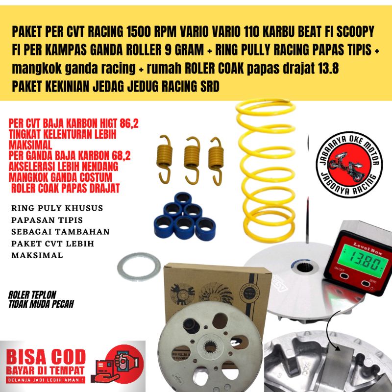 PAKET PER CVT RACING 1500 RPM VARIO VARIO 110 KARBU BEAT FI SCOOPY FI PER KAMPAS GANDA ROLLER 9 GRAM