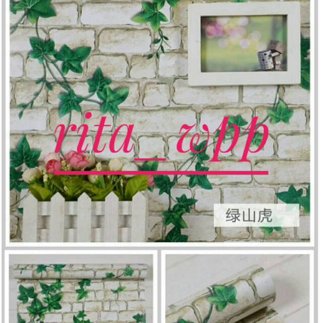 Walpaper dinding motif batu bata daun hijau