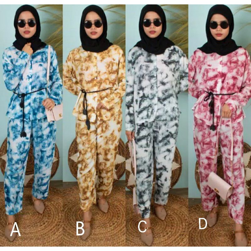 RR Fashion Muslim Setelan Muslim Setelan Wanita Setelan Hijab Setelan Kemeja Tie Dye SETELAN TIE DYE