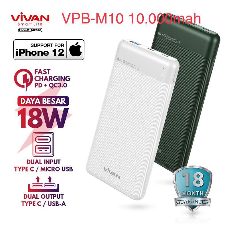 NEW~Powerbank VIVAN VPB-M10 / VPB-X10 10000 mAh Power Bank Original Fast Charging 18W QC3.0 PD 2 Input 3 Out