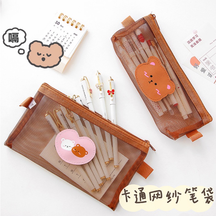 Dompet Pensil Tempat Pensil Lucu Tempat Makeup Cute Model Jaring Transparan Brown dan Multicolour Cute