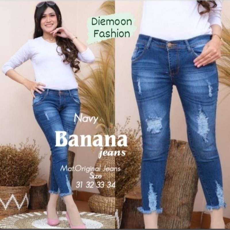 BANANA JEANS PANTS 7/9 SOBEK DEPAN BAWAH Ripped Jeans Rekomedasi Influencer Tik Tok