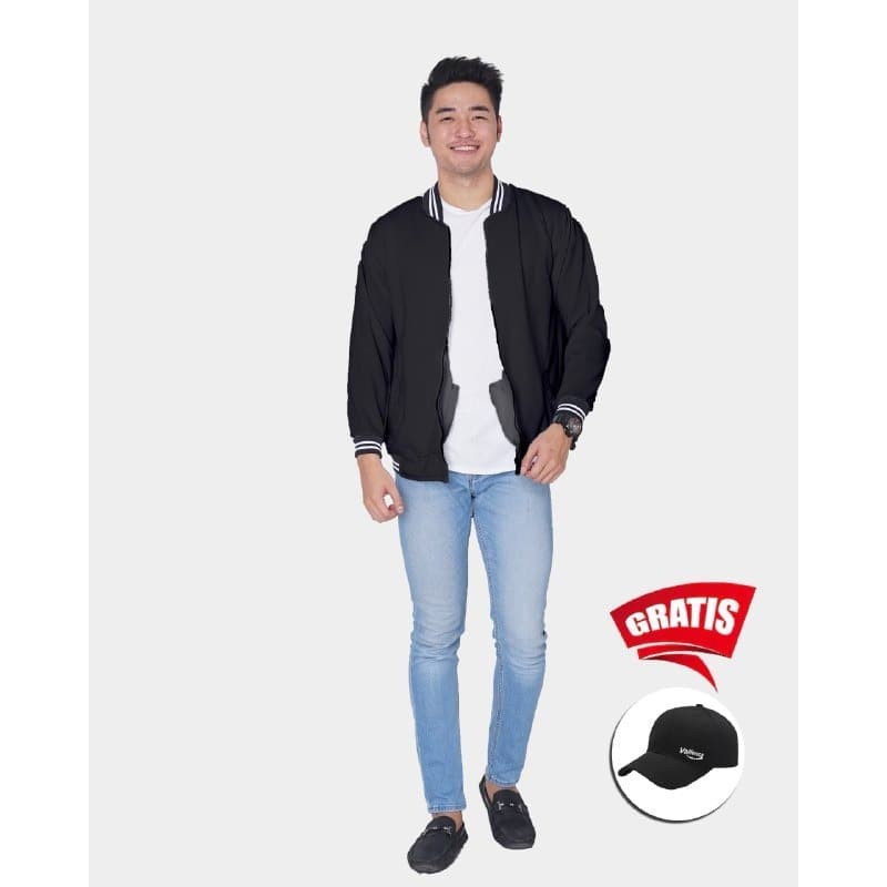Jaket Boomber Pria Hitam Polos Gratis Topi Unik