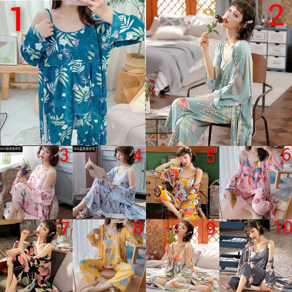 baju tidur piyama model kimono 3in1 bahan spandek import lembut adem berkualitas all size