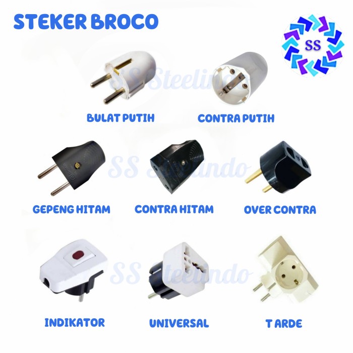 STEKER-COLOKAN LISTRIK BROCO BULAT-GEPENG-T-ARDE-CONTRA-OVER-UNIVERSAL