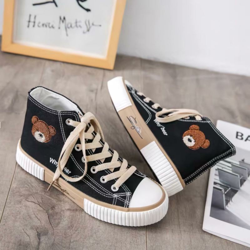 Sepatu Korea Wanita Why Bear Tinggi Hitam Coklat Import / Sepatu Sneakers Canvas Korean Style High Boot Women Fashion