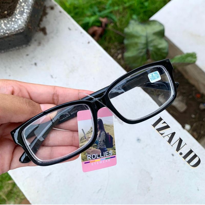Kacamata Minus Frame Kotak Kecil Warna Hitam Glossy Rollies Pria Wanita