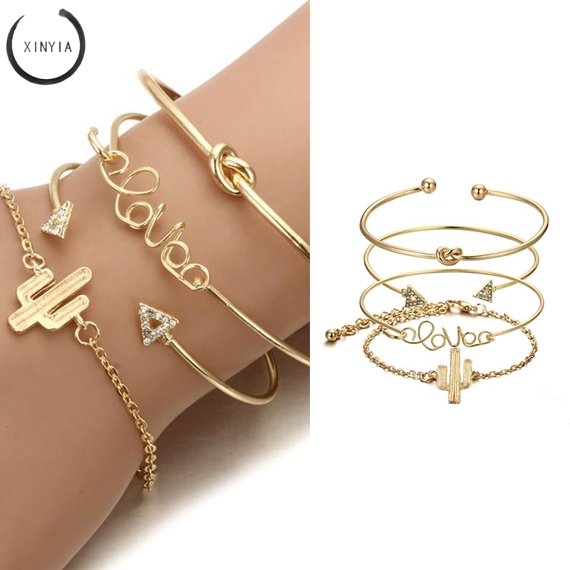 4Pcs/Set Women Gilr Gold Triangle Knot Love Cactus Opening Bangle Chain Bracelet