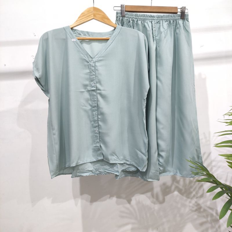 PIYAMA POLOS KANCING | PIYAMA BUSUI | BAJU SANTAI MURAH | HOMEDRESS MURAH | HOMEWEAR MURAH-VN 7/8 BABY BLUE