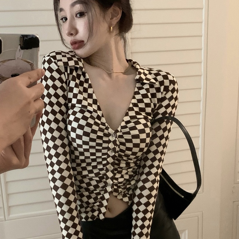 Women Retro Checkerboard Long Sleeve V-Neck Botton Atasan Wanita Lengan Panjang Motif Kotak - Kotak 2676