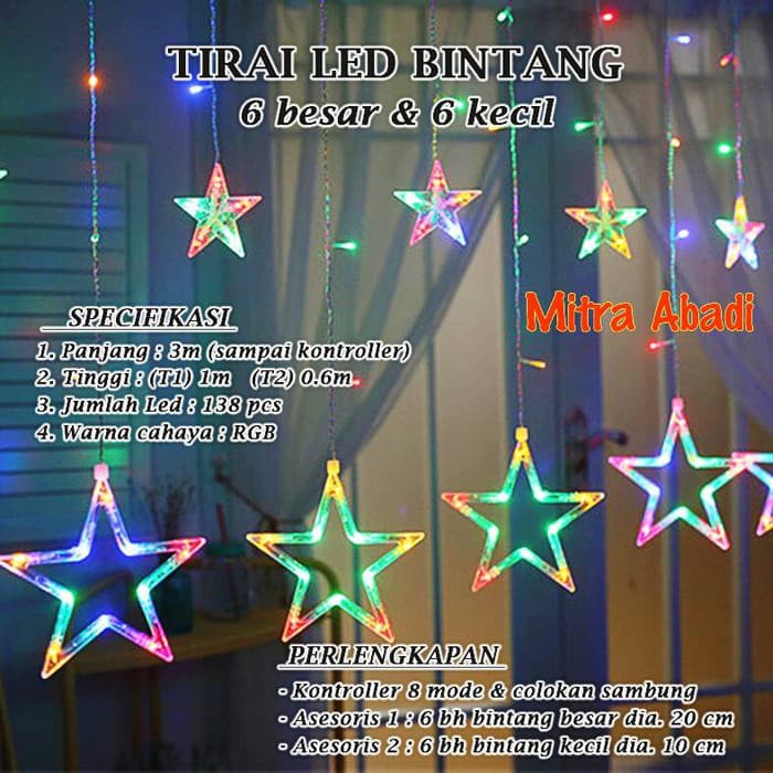 Lampu Natal Tirai LED Bintang 138 LED Panjang 3 Meter