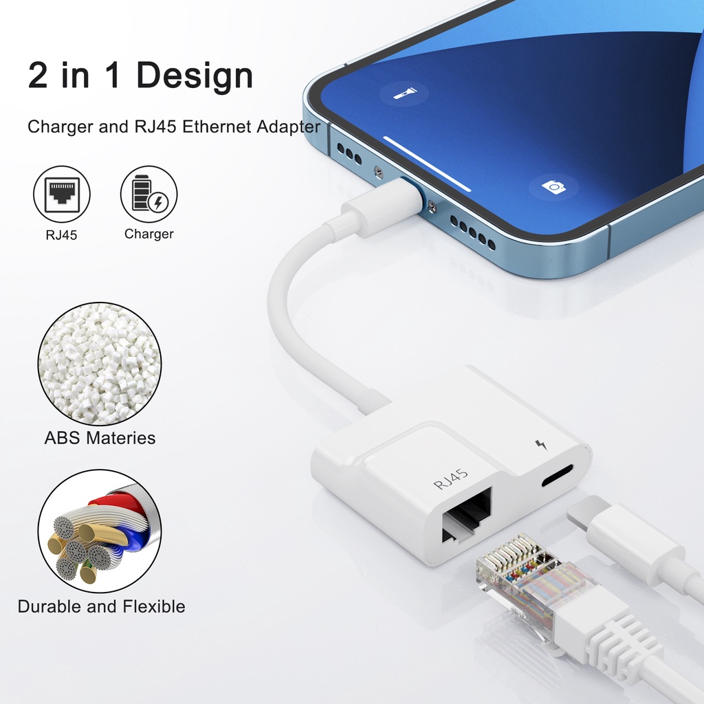 FENODI Lighting to RJ45 Ethernet adapter/Dongle,Pad to lan wired network cable with power charging port,phone to Ethernet hub/connector Support 100Mbps internet/POS System  Compatible with Phone 14/13/12 Pro/11 Pro/SE/X XR XS 8 7 [No Need APP]