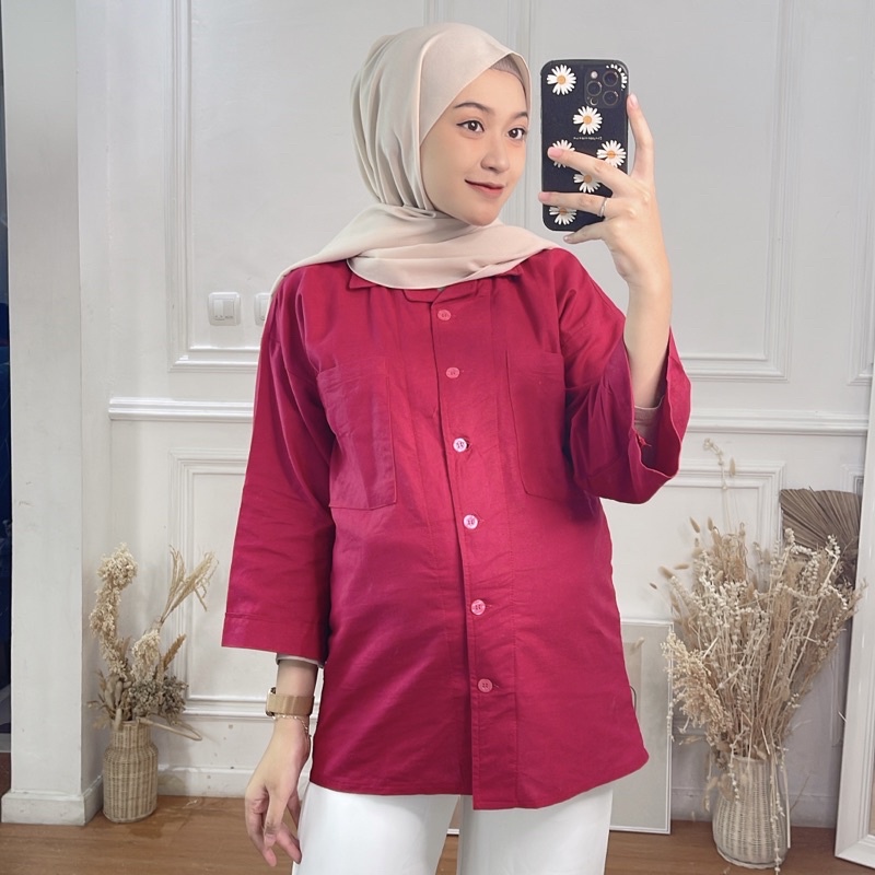 KEMEJA OVERSIZE WANITA BAHAN KATUN RAMI POLOS PREMIUM PANJANG LENGAN