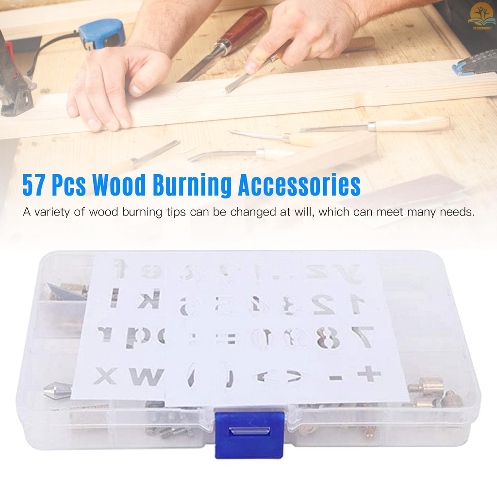 57pcs Wood Burning Pen Tips Set Woodburning Tool Accessories with Stencils Transparent Box for Pyrography Pen Wood Embossing Carving DIY Crafts