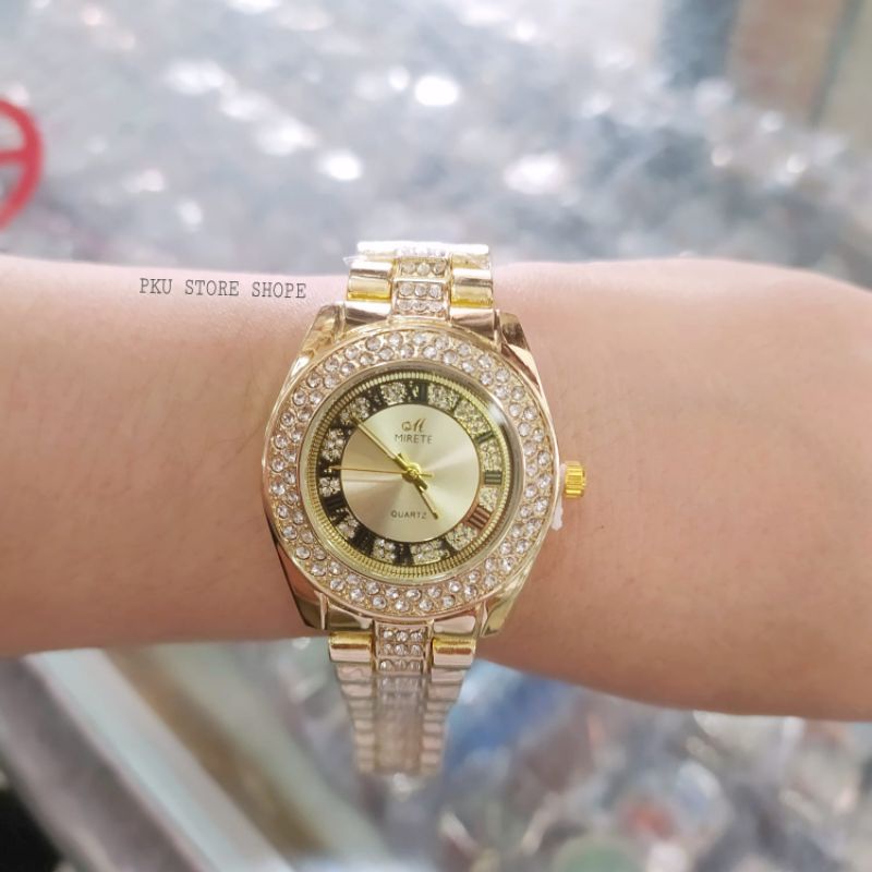 JAM TANGAN MOTIF PERMATA FASHION WANITA JAM TANGAN IMPORT MIRETE CEWEK ANTI AIR JAM TANGAN WANITA WARNA ROSGOLD BERMOTIF BEEST SELLER JAM TANGAN WNAITA/CEWEK TAHAN AIR/Water resistant