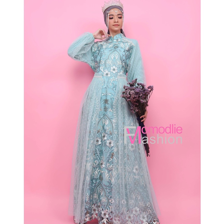 Gamis mint Brukat Wanita Mewah untuk Kondangan dan Pesta model terbaru 2021