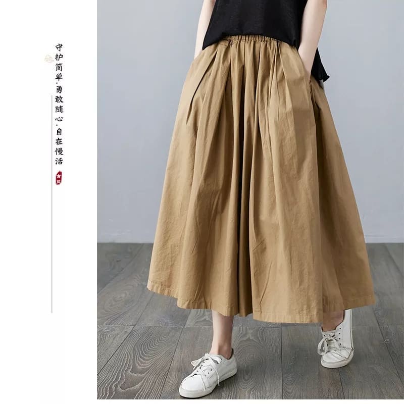 CELANA KULOT JUMBO - MIA PANTS KULOT LINEN OVERSIZE CROP SAKU PINGGIR - BAWAHAN WANITA KOREAN '-Mocca