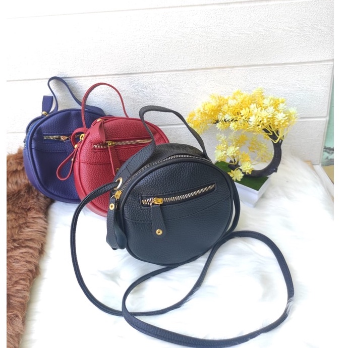 Tas Selempang Wanita Bulat Sling Bag Papirut Kulit jeruk