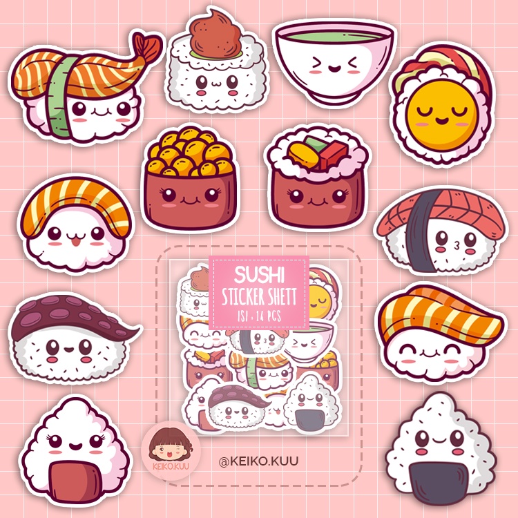 Jual STICKER SET SUSHI KARAKTER MURAH ISI 14 PCS / STIKER ESTETIK