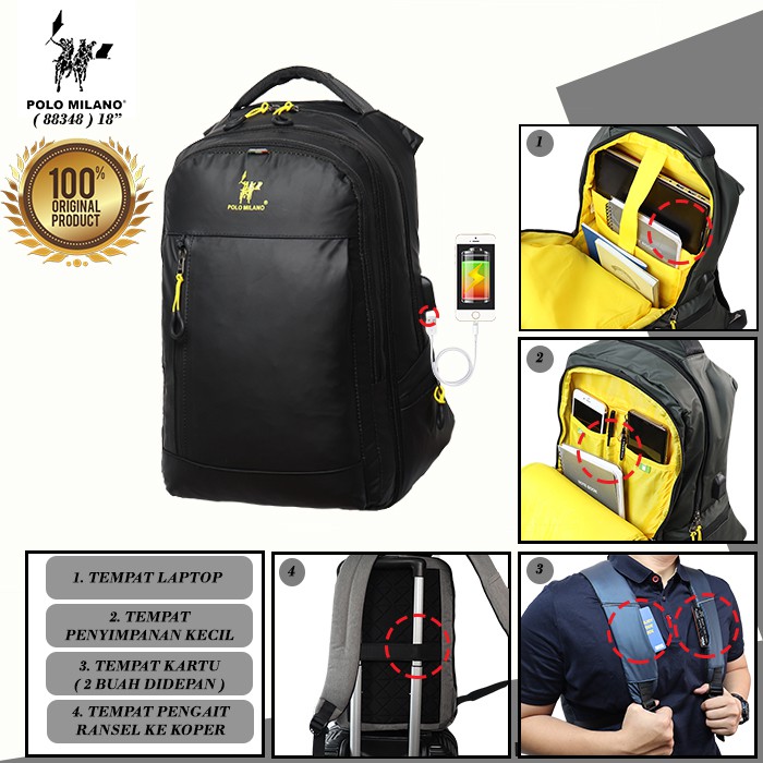 Tas RANSEL MURAH POLO MILANO - 88348 - TAS SEKOLAH PRIA IMPORT + USB ANTI AIR - FREE BOTOL MINUM