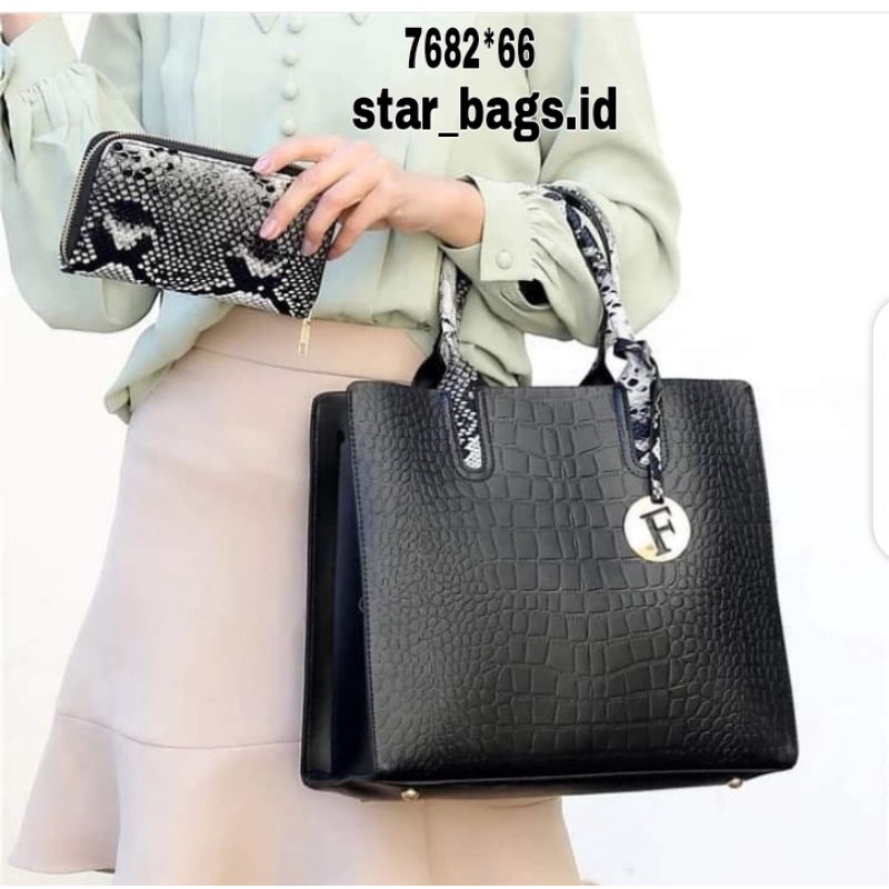 Baru  Tas Wanita Terbaru ( Free dompet ) - Tas Hand bag kulit croco Tas wanita besar - Handbag hitam