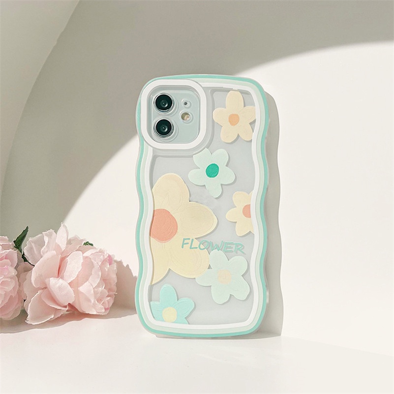 Soft Case Silikon Transparan Motif Bunga Hijau Untuk Compatible for iPhone 14 13 12 11 Pro Max X Xr Xs Max SE iPhone 8 7 6 6s Plus Flower Green Wave Edge Clear Phone Case Soft Silicone Shockproof Phone Protective Cover